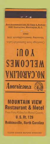 Matchbook Cover - Mountain View Motel Robbinsville NC Perkins Americana ORANGE