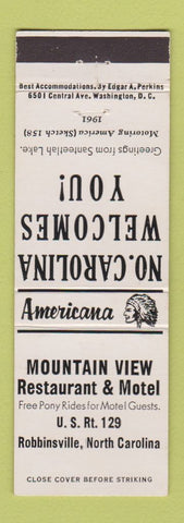 Matchbook Cover - Mountain View Motel Robbinsville NC Perkins Americana WHITE