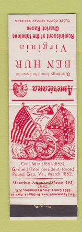 Matchbook Cover - Ben Hur VA Civil War Perkins Americana WHITE