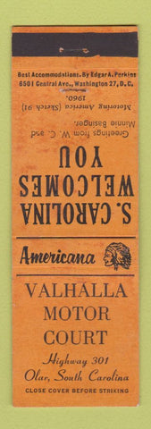 Matchbook Cover - Valhalla Motor Court Olar SC Perkins Americana ORANGE