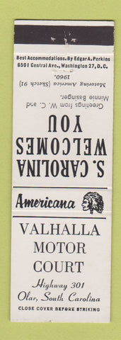 Matchbook Cover - Valhalla Motor Court Olar SC Perkins Americana WHITE