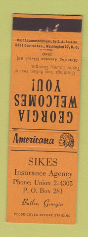 Matchbook Cover - Sikes Insurance Butler GA Perkins Americana ORANGE