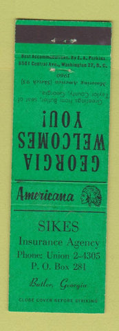 Matchbook Cover - Sikes Insurance Butler GA Perkins Americana GREEN