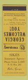 Matchbook Cover - Sikes Insurance Butler GA Perkins Americana YELLOW