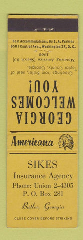 Matchbook Cover - Sikes Insurance Butler GA Perkins Americana YELLOW