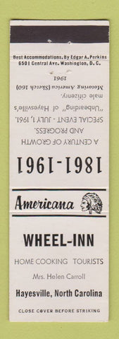 Matchbook Cover - Wheel Inn Hayesville NC Perkins Americana WHITE
