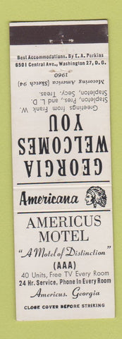 Matchbook Cover - Americus Motel GA Perkins Americana WHITE
