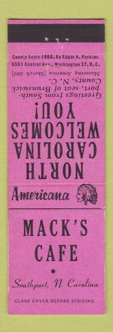 Matchbook Cover - Mack's Cafe Southport NC Perkins Americana PINK