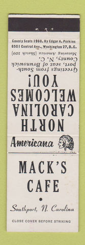 Matchbook Cover - Mack's Cafe Southport NC Perkins Americana WHITE