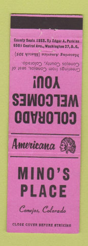 Matchbook Cover - Mino's Place Conejos Colorado Perkins Americana PINK