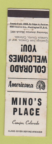 Matchbook Cover - Mino's Place Conejos Colorado Perkins Americana WHITE WORN