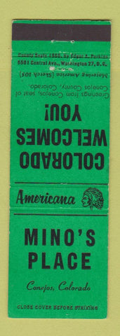 Matchbook Cover - Mino's Place Conejos Colorado Perkins Americana GREEN