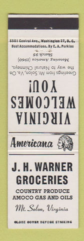 Matchbook Cover - Grocery Amoco oil gas Mount Solon VA Perkins Americana WHITE