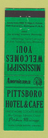 Matchbook Cover - Pittsboro Hotel Cafe MS Perkins Americana GREEN