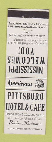Matchbook Cover - Pittsboro Hotel Cafe MS Perkins Americana WHITE