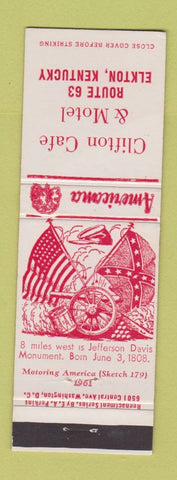 Matchbook Cover - Clifton Cafe Motel Elkton KY Perkins Americana WHITE