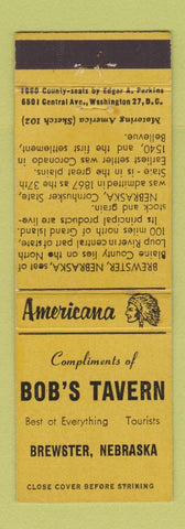 Matchbook Cover - Bob's Tavern Brewster NE Perkins Americana YELLOW