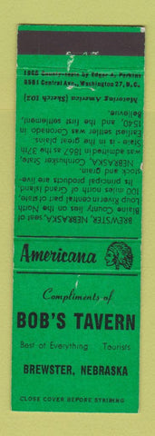 Matchbook Cover - Bob's Tavern Brewster NE Perkins Americana GREEN