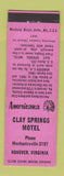 Matchbook Cover - Clay Springs Motel Hanover VA Perkins Americana PINK
