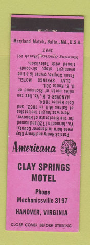 Matchbook Cover - Clay Springs Motel Hanover VA Perkins Americana PINK