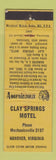 Matchbook Cover - Clay Springs Motel Hanover VA Perkins Americana YELLOW