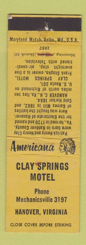Matchbook Cover - Clay Springs Motel Hanover VA Perkins Americana YELLOW