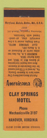 Matchbook Cover - Clay Springs Motel Hanover VA Perkins Americana ORANGE