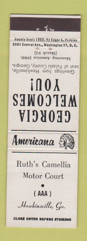 Matchbook Cover - Camellia Motor Court Hawkinsville GA Perkins Americana WHITE
