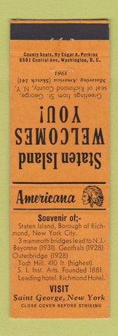 Matchbook Cover - Staten Island ST George NY Perkins Americana ORANGE
