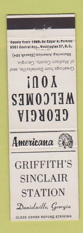 Matchbook Cover - Sinclair oil gas Danielsville GA Perkins Americana WHITE