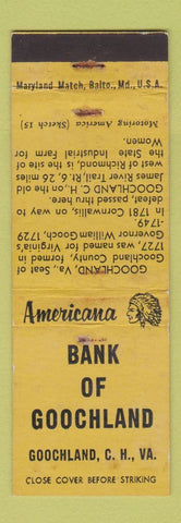 Matchbook Cover - Bank Goochland Court House VA Perkins Americana YELLOW