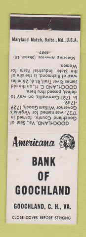 Matchbook Cover - Bank Goochland Court House VA Perkins Americana WHITE
