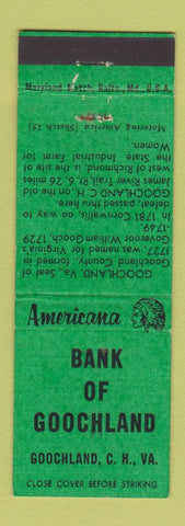Matchbook Cover - Bank Goochland Court House VA Perkins Americana GREEN