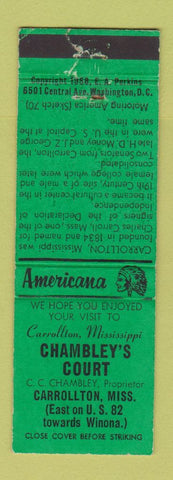 Matchbook Cover - Chambley's Court Carrollton MS Perkins Americana GREEN WEAR