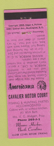 Matchbook Cover - Cavalier Motor Court Manns Harbor NC Perkins Americana PINK