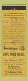 Matchbook Cover Cape Pines Motel Cape Hatteras NC Perkins Americana YELLOW WEAR
