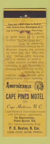 Matchbook Cover Cape Pines Motel Cape Hatteras NC Perkins Americana YELLOW WEAR