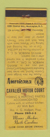 Matchbook Cover - Cavalier Court Manns Harbor NC Perkins Americana YELLOW WEAR