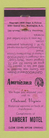 Matchbook Cover - Lambert Motel Clintwood VA Perkins Americana PINK WEAR