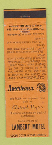 Matchbook Cover - Lambert Motel Clintwood VA Perkins Americana ORANGE