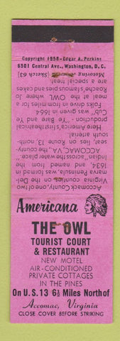Matchbook Cover - Owl Motel Accomac VA Perkins Americana PINK