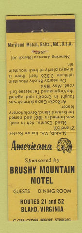 Matchbook Cover - Brushy Mountain Motel Bland VA Perkins Americana YELLOW
