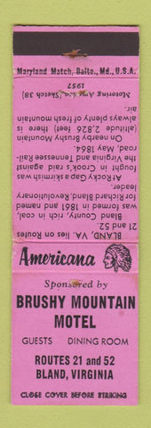 Matchbook Cover - Brushy Mountain Motel Bland VA Perkins Americana PINK