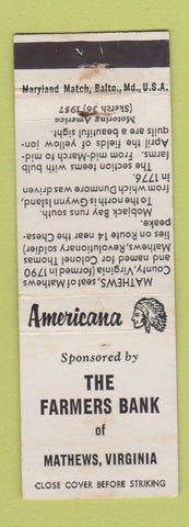 Matchbook Cover - Farmers Bank Mathews VA Perkins Americana WHITE