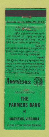 Matchbook Cover - Farmers Bank Mathews VA Perkins Americana GREEN