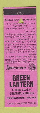 Matchbook Cover - Green Lantern Motel Chatham VA Perkins Americana PINKWORN
