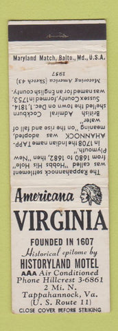 Matchbook Cover - Historyland Motel Tappahannock VA Perkins Americana WHITE