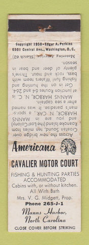 Matchbook Cover - Cavalier Court Manns Harbor NC Perkins Americana WHITE WEAR