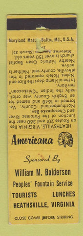 Matchbook Cover - Peoples' Fountain Heathsville VA Perkins Americana YELLOW WORN