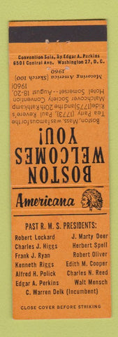 Matchbook Cover - RMS Boston MA 1960 Perkins Americana ORANGE